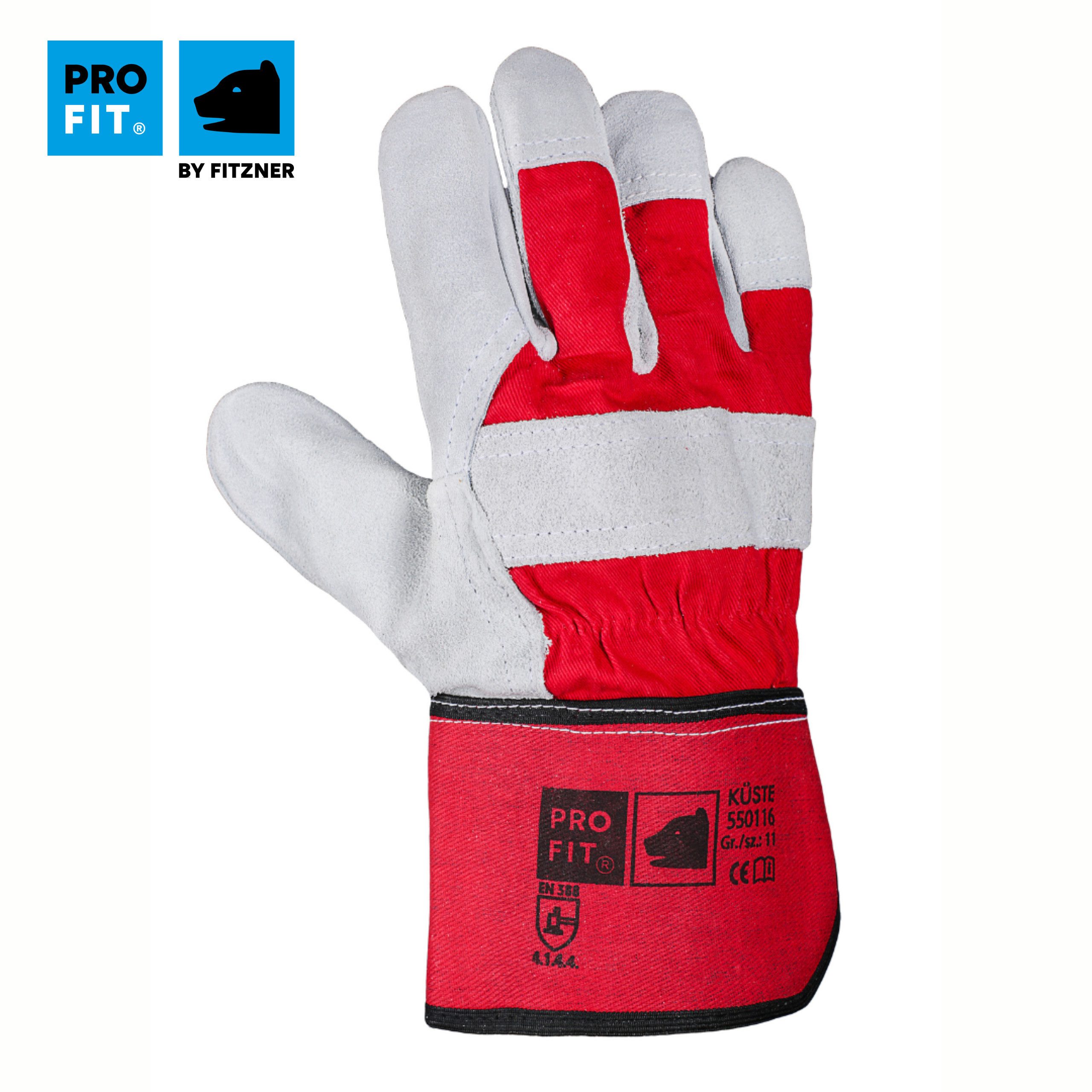 PRO FIT Leder-Arbeitshandschuhe Küste, Rindspaltleder Handschuhe, Handwerks-Handschuhe (3, Paar) mit Canvas-Stulpe, Weich & Flexibel, Innenhandfutter