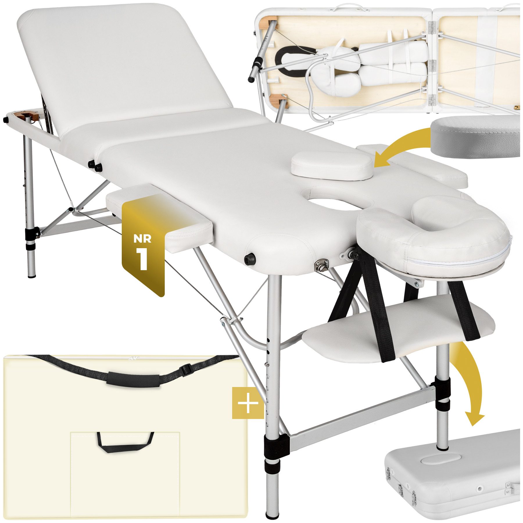 tectake Massageliege Massagetisch klappbar höhenverstellbar Aluminiumgestell 61cm 5cm (Klappbare Liege, 1-St., in Weiß), Mit Tragetasche und abnehmbaren Kopf- und Armablagen für Komfort