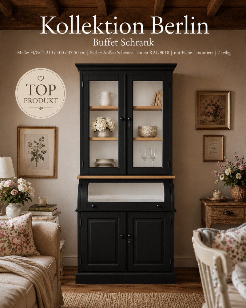 Wohnpalast Buffet Buffet Schrank Berlin 100 cm schwarz- weiß mit Eiche Landhaus- Stil