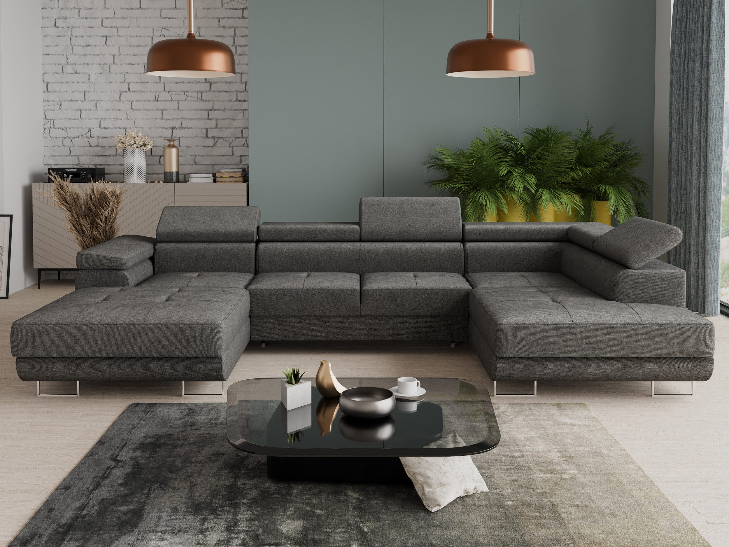 Sofnet Wohnlandschaft Caris U, mit Schlaffunktion und zwei Bettkästen, Ecksofa mit einstellbare Kopfstützen, Schlafsofa, U-form Couch