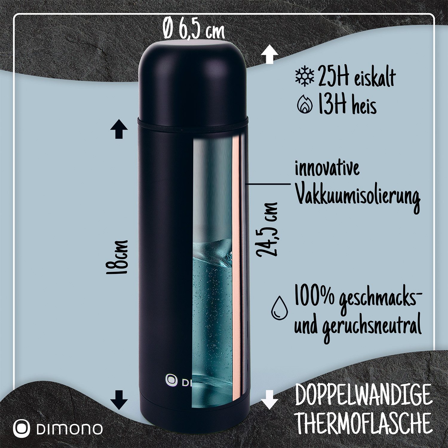 Goods+Gadgets Thermoflasche Edelstahl-Isolierflasche 500/1000ml – Thermosflasche mit Druckknopf, doppelwandiger Thermobecher Isolierkanne