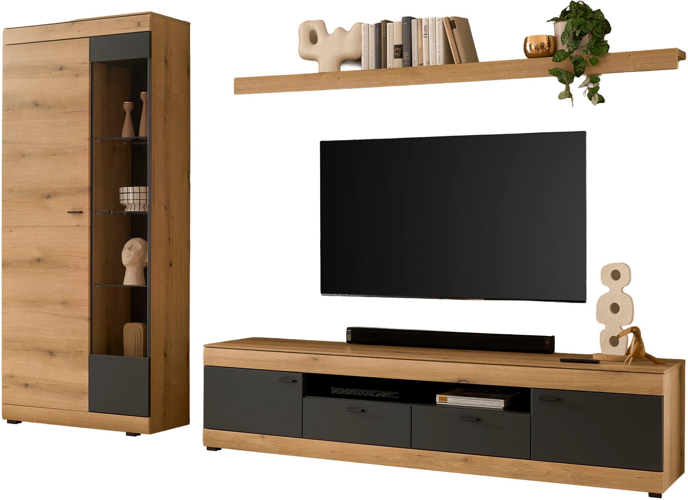 Home affaire Wohnwand Soleto, zeitlose Anbauwand, Komplettset im modernen Stil, (Komplett-Set, 3-St), enthält Vitrine, Lowboard und Wandboard