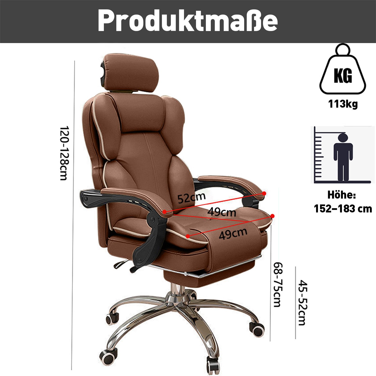 HDHNBA Chefsessel mit Fußstütze, höhenverstellbar und neigbar, Hochrücken Bürostuhl (1 St), mit Kopfstütze für das Home-Office – Bild 2 von 5