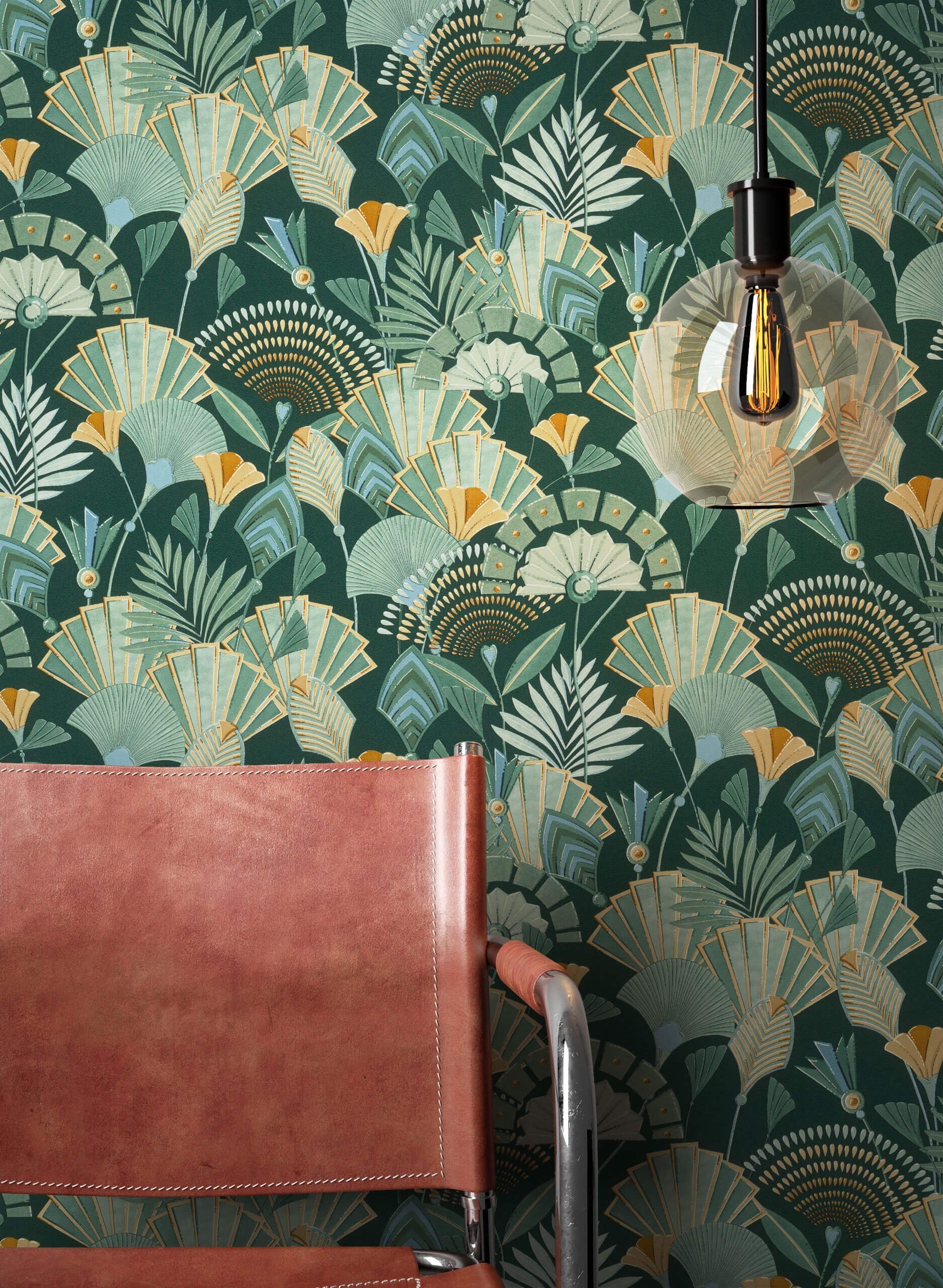 Newroom Vliestapete Amanda Tapete Dschungeltapete Dschungel,Blätter,Fächer, Grün Tapete Tropisch Dschungel - Dschungeltapete Mustertapete Blau Gold Floral Modern Blätter Fächer für Wohnzimmer Schlafzimmer Küche, Mustertapete