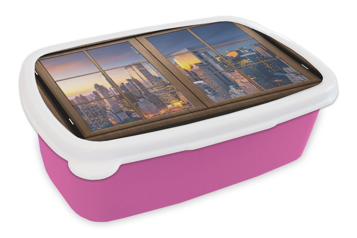 MuchoWow Lunchbox Durchsichtig - Holz - New York, Kunststoff, (2-tlg), Brotbox für Erwachsene, Brotdose Kinder, Snackbox, Mädchen, Kunststoff rosa