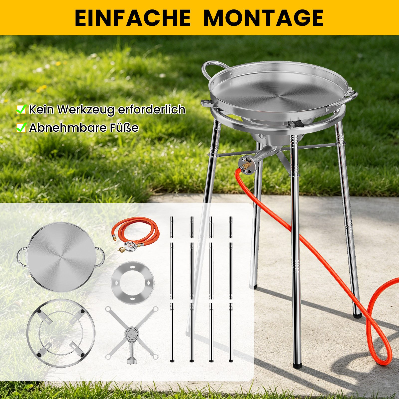 HOMELUX Gaskocher Paellaset Gasbrenner, 3,8 kW Propan Kochsystem Komplett Set für Paella, (Set, 2-St., mit Schlauch 150 cm und 30 mbar Gas Regler Druckminderer), mit 41cm Paellapfanne, Windschutzscheibe, für Wok, Grillplatte