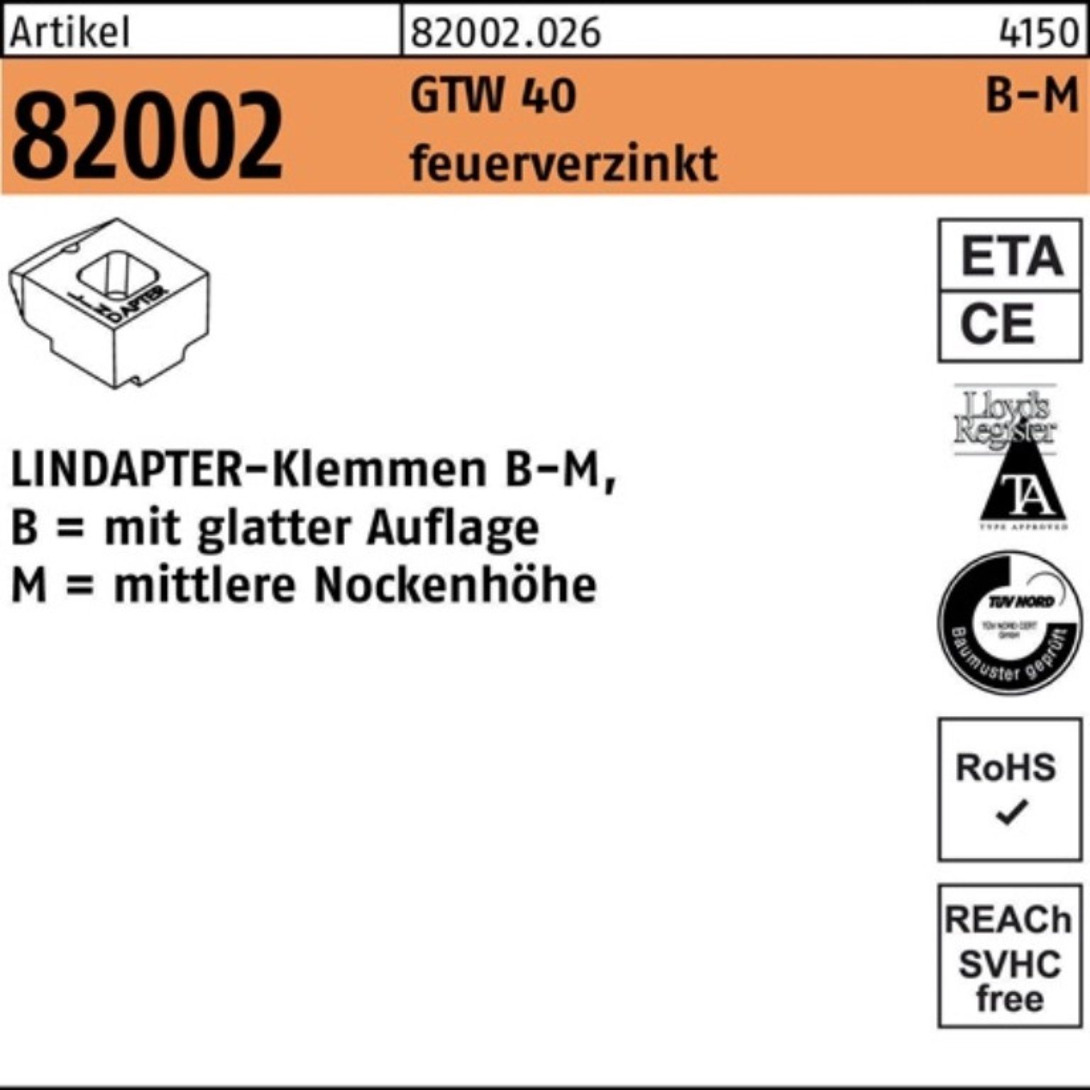 Lindapter Klemmen 100er Pack Klemmen R 82002 GTW 40 MM 12/6,0 feuerverz. 1 Stück LINDAP | Klemmen