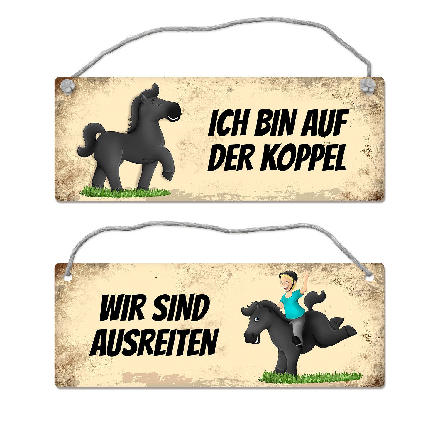 Metallschild Schwarzes Pferd ist ausreiten oder auf der Koppel Wendeschild mit