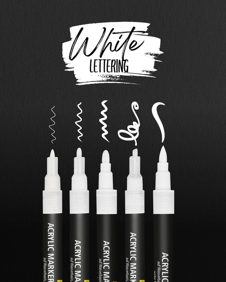Online Pen Fineliner White Lettering, (5x weiße Acryl-Stifte, deckend, Handlettering-Stifte mit verschiedenen Spitzen), Fineliner, Brushpen, Kalligrafie-Stift