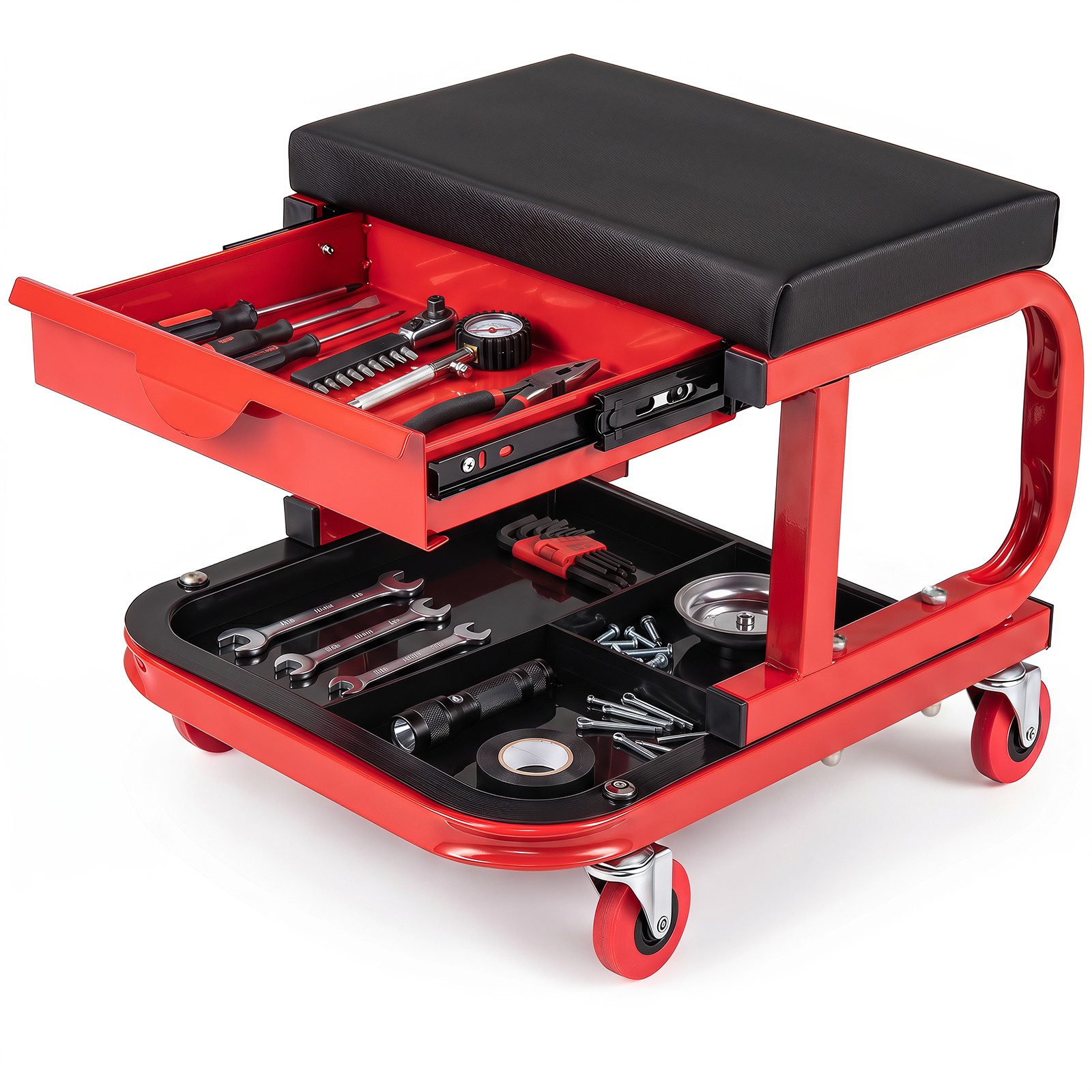 COSTWAY Arbeitshocker Werkstatthocker mit Rollen und Magnetschublade