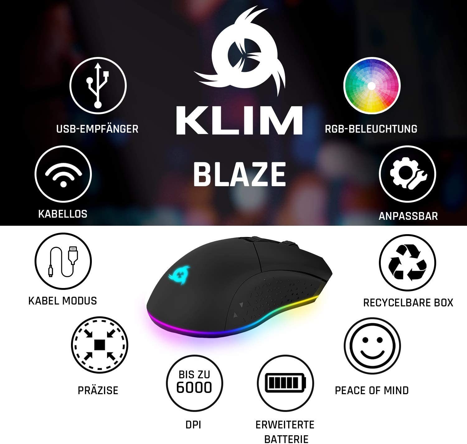 KLIM Blaze Black beide DPI-Anpassung hochleistungs wireless Gaming-Maus, (Funk, Schwarz für wiederaufladbar) Gaming-Maus Hände, ergonomisch  mit