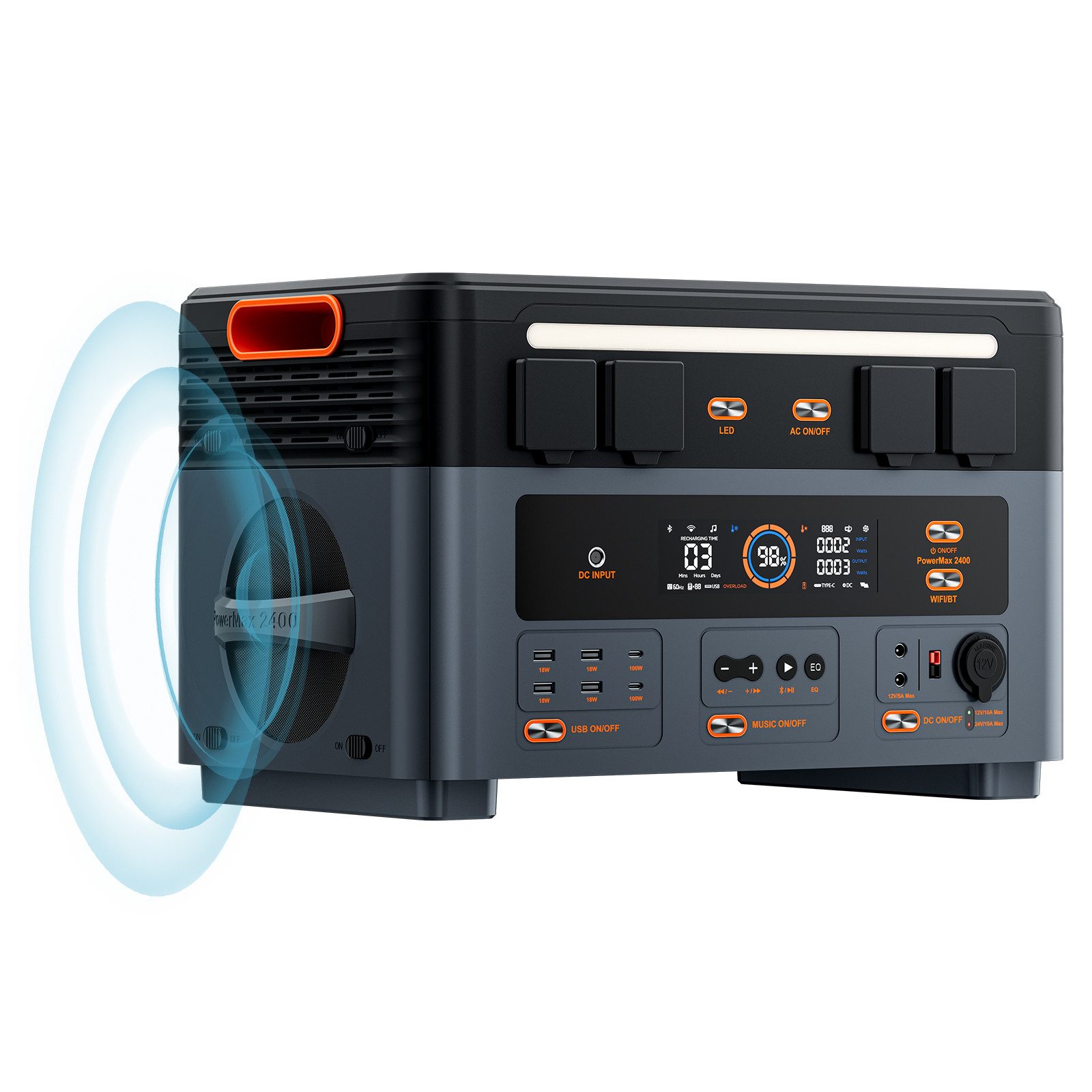 OSCAL Stromerzeuger PowerMax 2400W Powerstation, 2,4 in kW, Trennbar Solarspeicher mit Stereo, Microinverter, 16 Anschlüsse