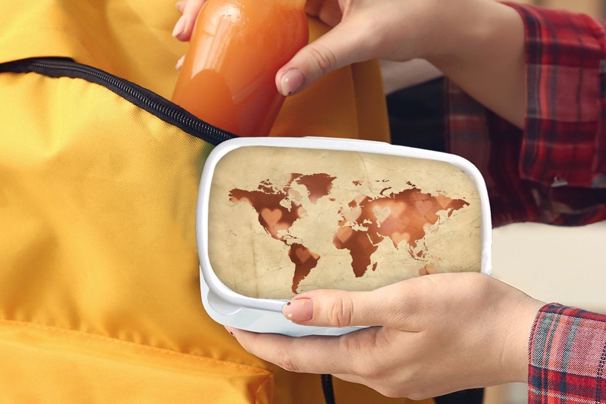 Herz, weiß und Kunststoff, Marmor Brotbox - Jungs und für Lunchbox Mädchen - Kinder MuchoWow Weltkarte (2-tlg), für Erwachsene, Brotdose,