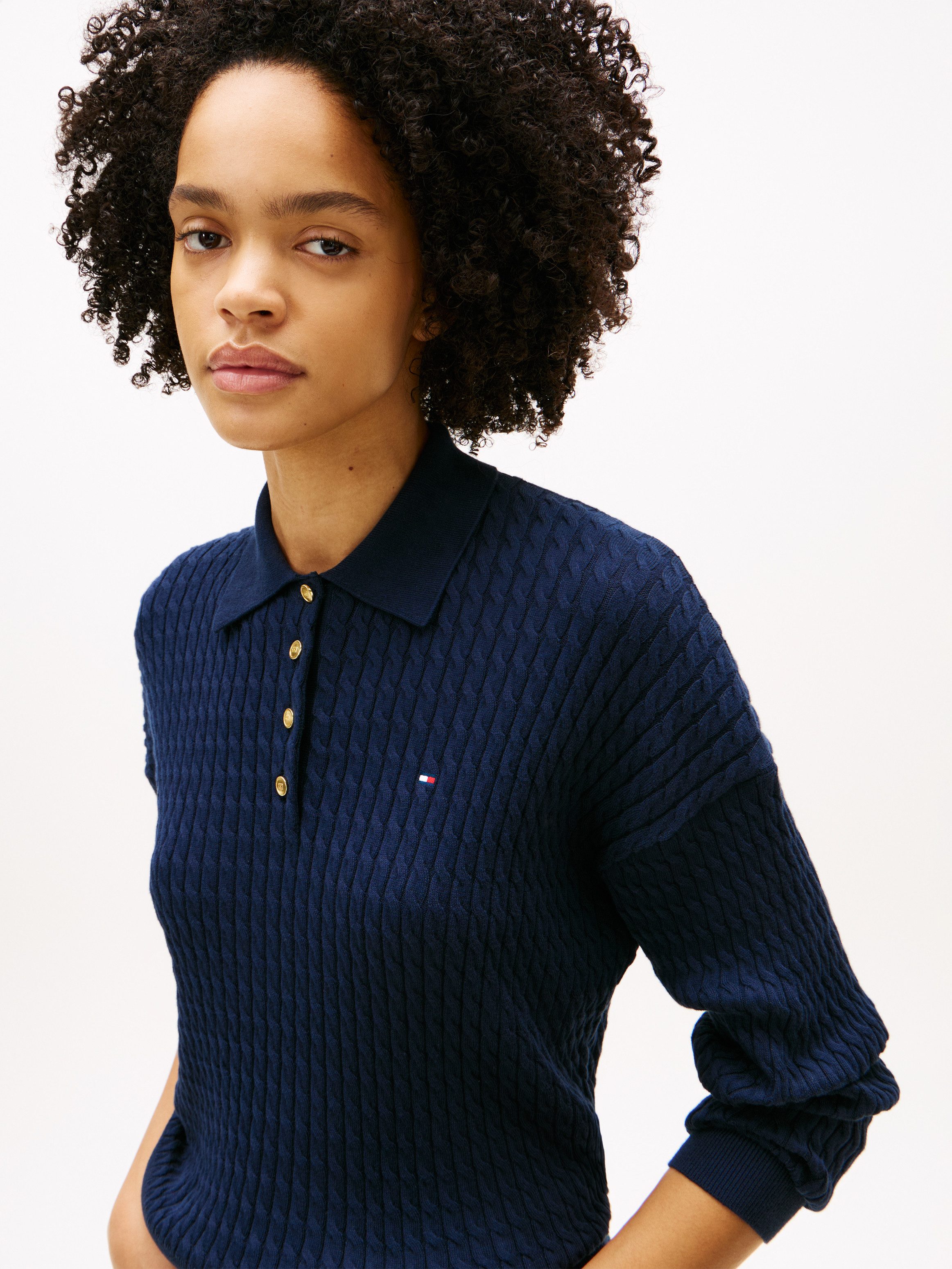 Tommy Hilfiger Strickpullover CO CABLE FINE GG RLXD POLO SWT mit Zopfmuster günstig online kaufen