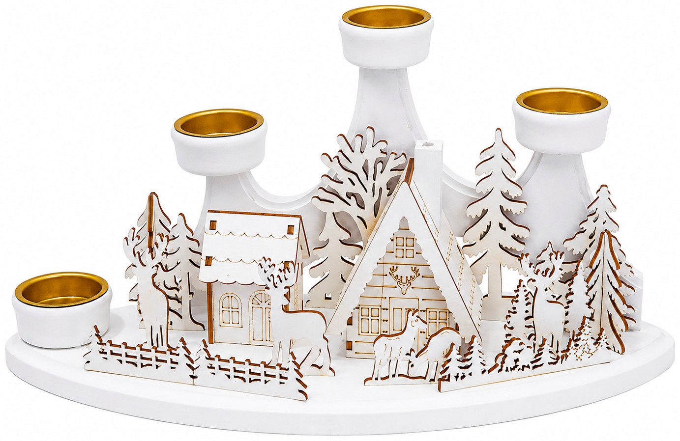 OTTO home Teelichthalter Weihnachtsdeko, Winterlandschaft aus Holz mit Häusern, Rehen, Hirsche (1 St), 4 Adventskerzenhalter klassisch natur-rot oder schlicht weiß