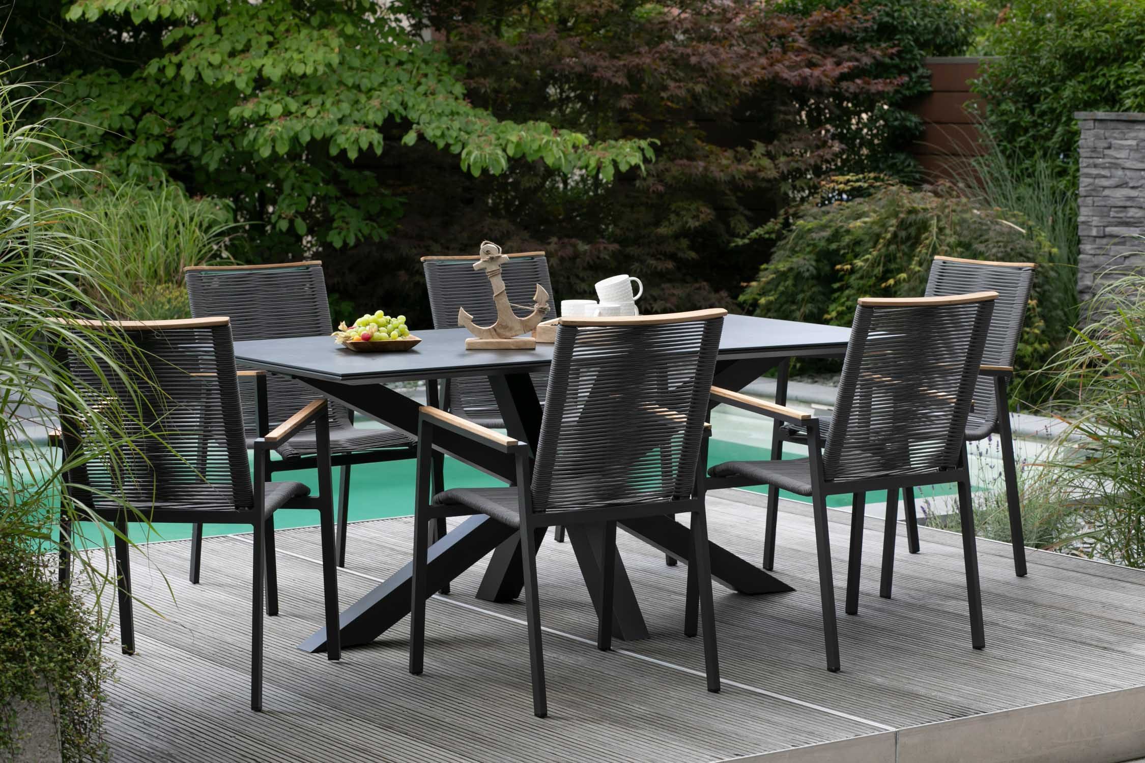 MR.DEKO Gartenlounge-Set Diningsessel Alicante mit Tisch Malaga 200 x 90 cm