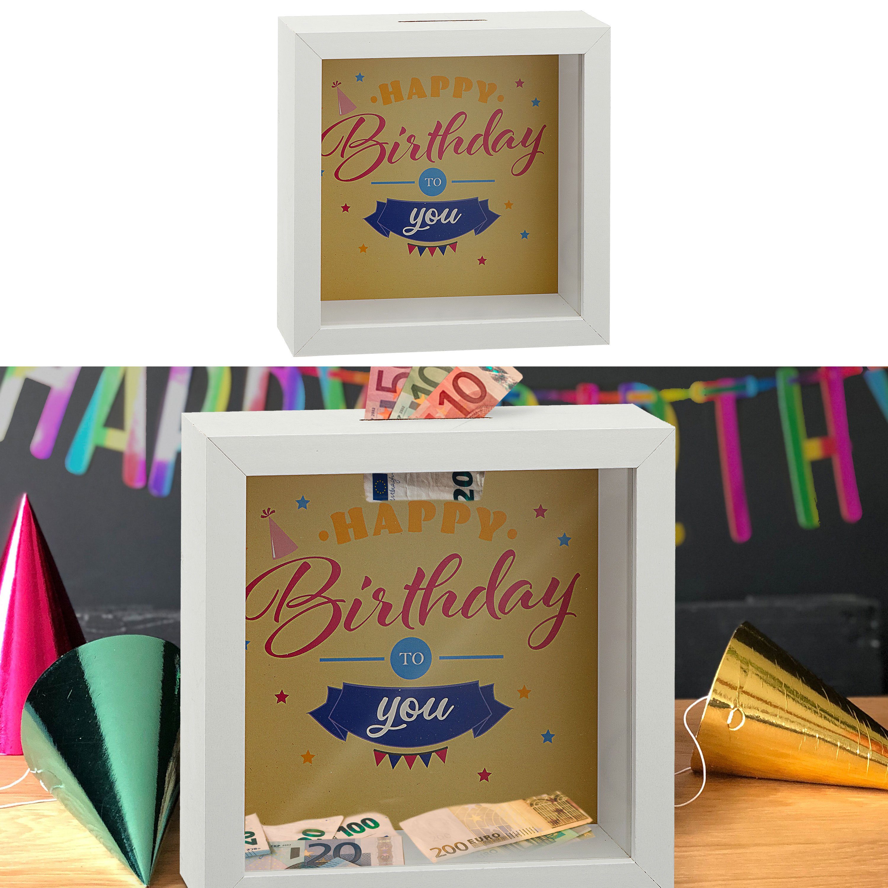 CEPEWA Spardose Spardose Geburtstag 14,5cm Rahmen MDF Glas