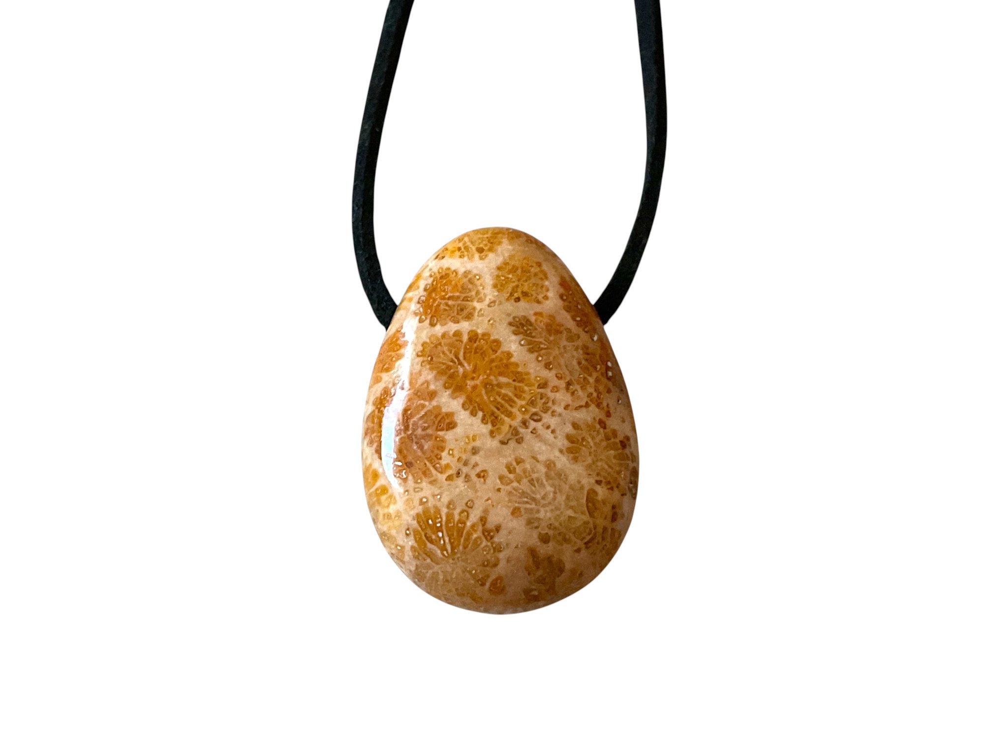 Steinfixx® Edelstein Anhänger aus echtem Petoskey Stone I Tropfenanhänger (30x20mm, 1-tlg., meisterhaft poliert, USA), incl. 80 cm Wildlederband und Geschenkverpackung