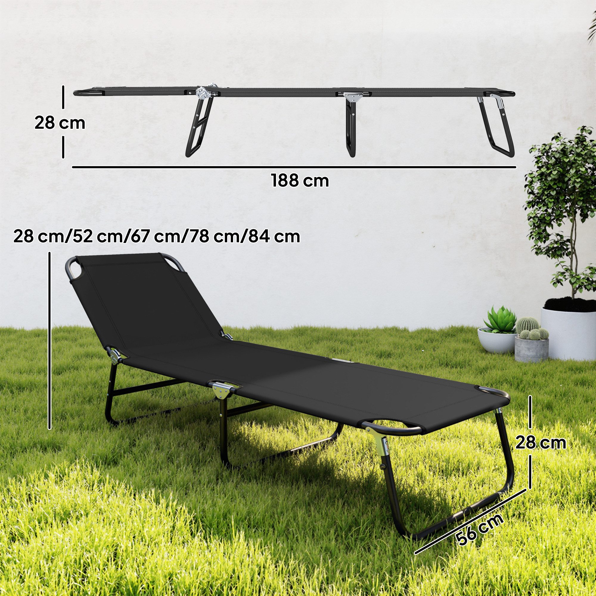 Outsunny Gartenliege Sonnenliege klappbar, wetterfeste Gartenstuhl bis 120 kg belastbar, Campingliege, 1 St., Liegestuhl, für Garten, Balkon, Stahl, 188 x 56 x 28cm