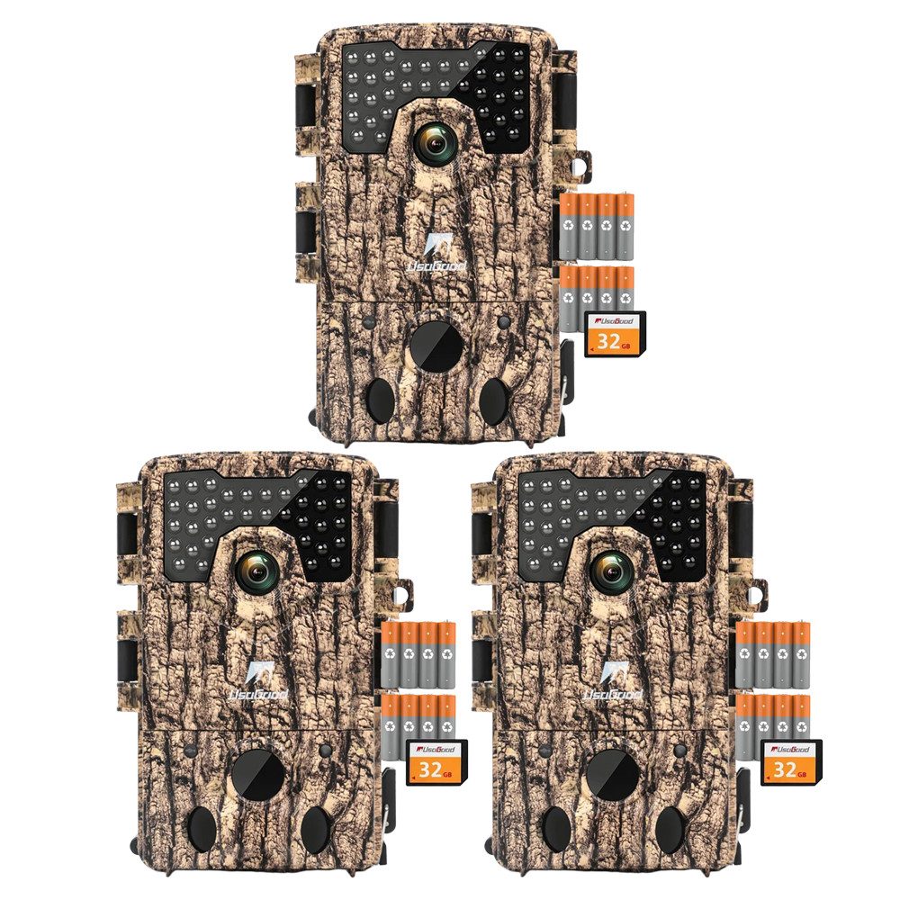 Usogood Wildkamera Wildkamera 4K 36MP Wildkamera mit 32GB Speicherkarte und 8 Batterien (für Outdoor-Gartenüberwachung Außenbereich Sicherheit, Jagdkamera Wildtierkamera mit Nachtsicht 0.3s Auslöser, 3-tlg., 120° Weitwinkel 36 Stücks 850nm Infrarot-LEDs Schimmer Wildkamera, für Outdoor-Gartenüberwachung Wildtierbeobachtung & Heim Sicherheit)