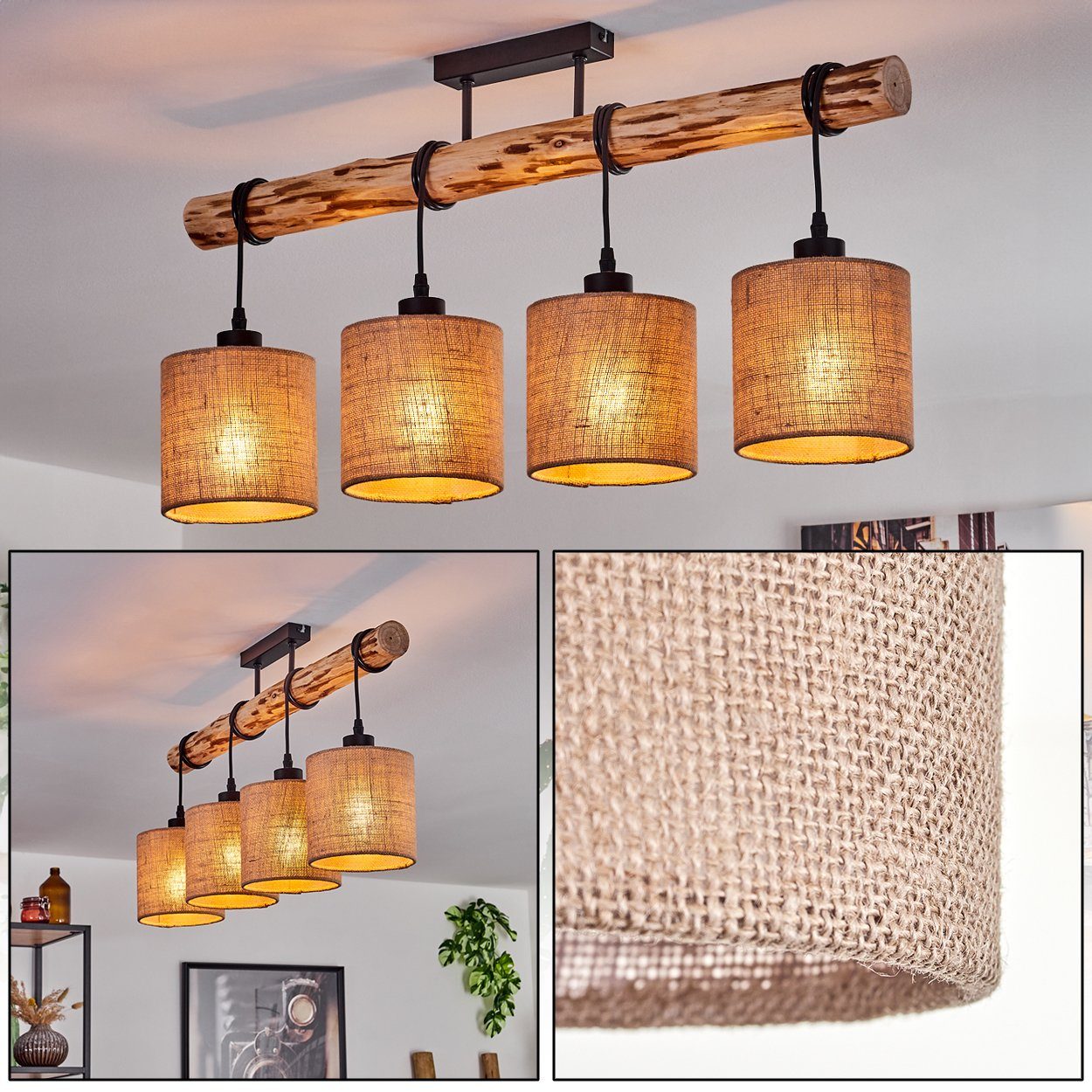 hofstein Deckenleuchte moderne Deckenlampe aus Holz/Metall/Leinen in Natur/Schwarz/Beige, ohne Leuchtmittel, Deckenleuchte im skandinavischen Design, 4x E27, ohne Leuchtmittel