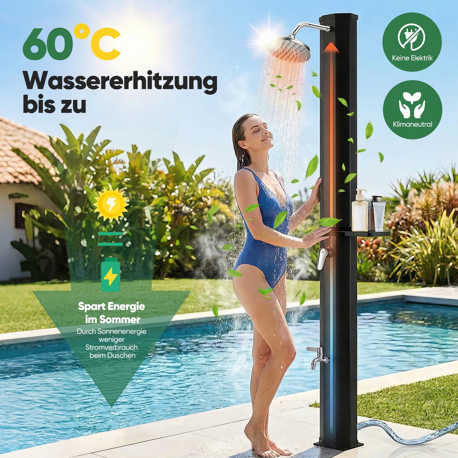 Sekey Solardusche 40L/ 60L Solar Gartendusche Pooldusche Campingdusche bis 60°C Wasser, 40L stromfreie Wassererwärmung, mit Direktanschluss für Gartenschlauch
