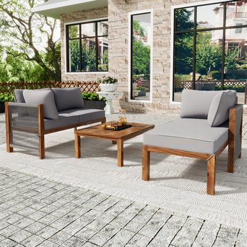 Ulife Gartenlounge-Set L-förmiges Gartenmöbel Set aus Akazie für 4 Personen, 2 Eckbänke, 1 Couchtisch, Sitzgruppe Rope Seil Lounge Balkonset