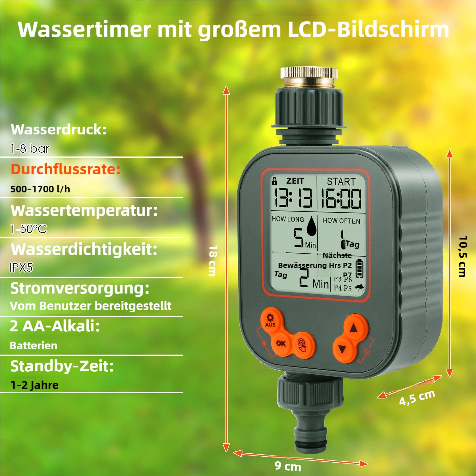 TLGREEN Bewässerungscomputer Automatische Garten Bewässerungssystem, (Timer Bewässerungssystem mit LCD-Display,Wasserzeitschaltuhr Regenverzögerung, Garten Automatische Bewässerungs Kindersicherung), 8 Auto Bewässerungsmodi- und Manueller Modus