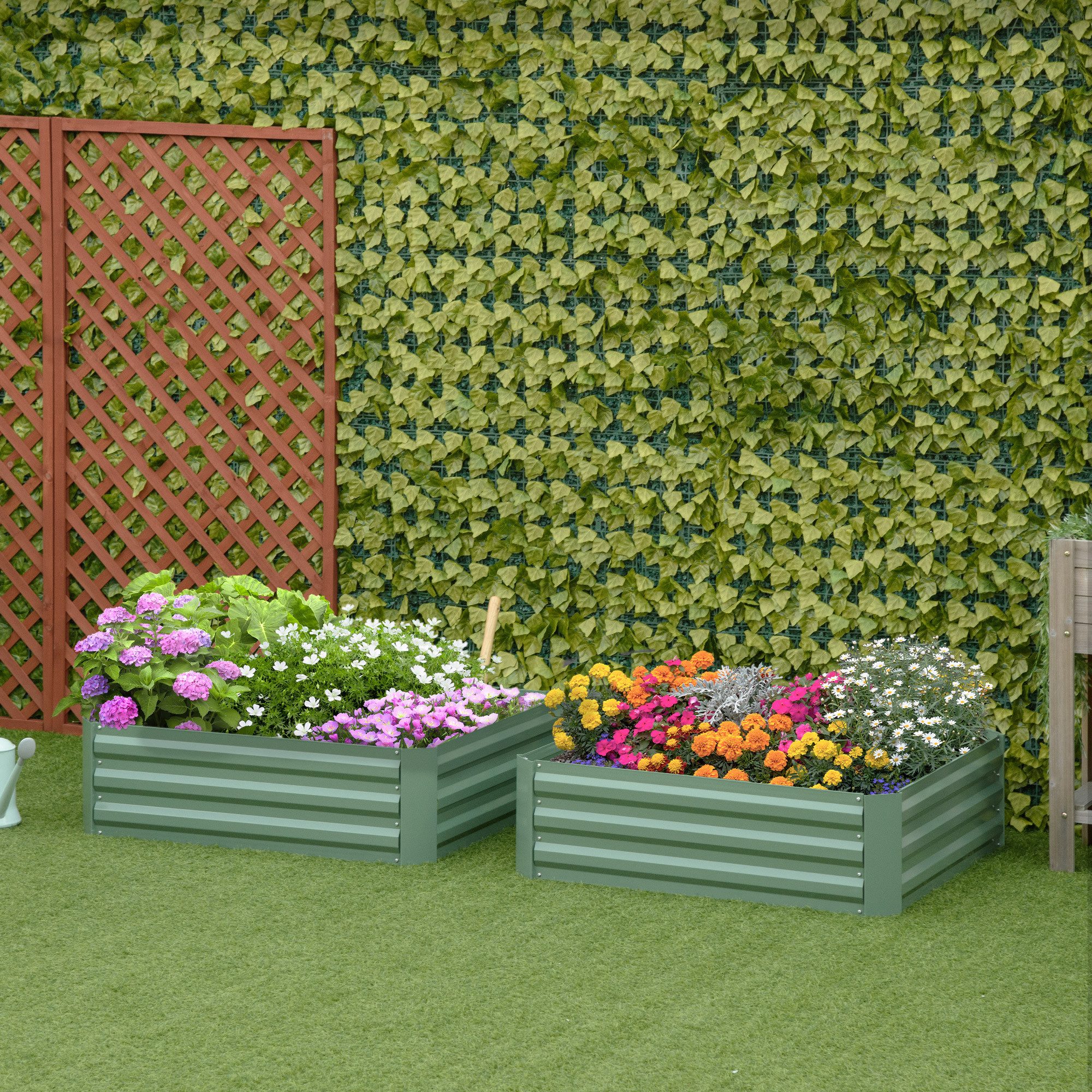 Outsunny Hochbeet Gartenbeet, Blumenkasten, Verzinkter Stahl, Grün (Pflanzkasten, 2 St., Gemüsebeet), 100x100x30cm für Garten Balkon Terrasse, für Blumen, Pflanzen