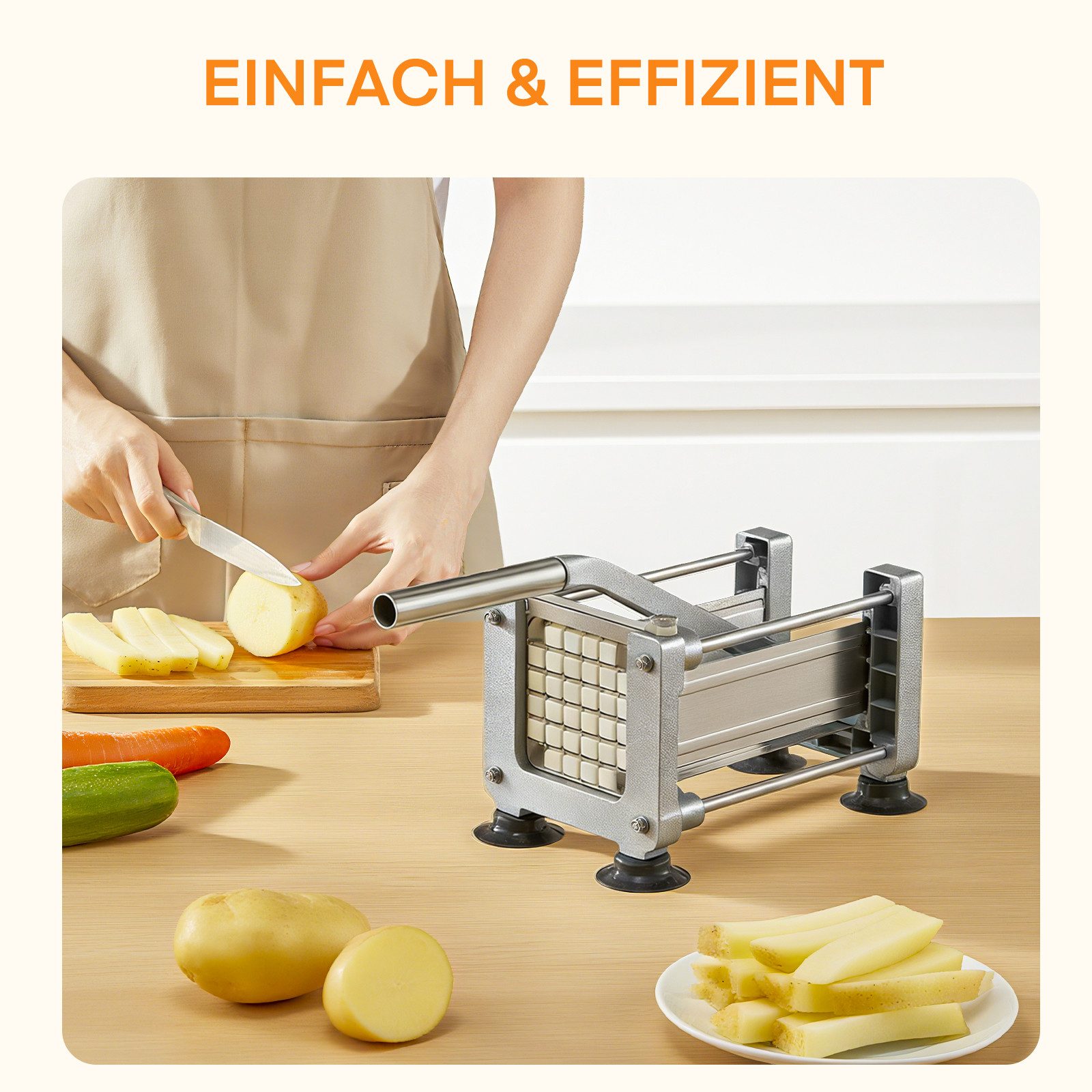 FOHERE Pommesschneider Kartoffelschneider Edelstahl Pommes Frites Schneidemaschine, (4-tlg), mit 13, 9, 6 mm Klingen aus Edelstahl, Silber – Bild 2 von 5