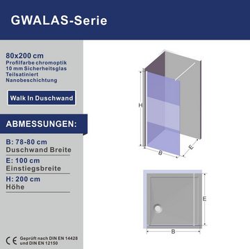 AQUABATOS Duschwand Duschtrennwand begehbare Dusche Glas Glasduschwände 80 90 100 110 120, 10 mm dickes Einscheibensicherheitsglas, Klarglas und teilsatiniertes Glas frei wählbar, Nano, Höhe 200 cm