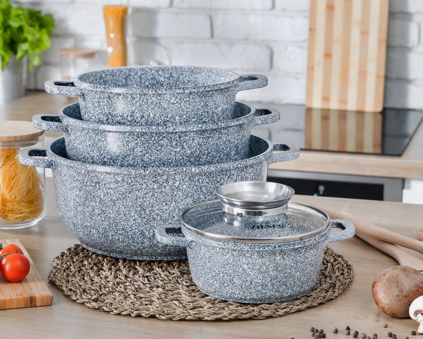Zilner Topf-Set Graue Töpfe mit Keramik-marmorbeschichtung, Induktionstöpfe, Aluminiumguss (Topfset, 8-tlg., Zeitloses Design des Topfsets. Eine ideale Geschenk – Bild 5 von 5