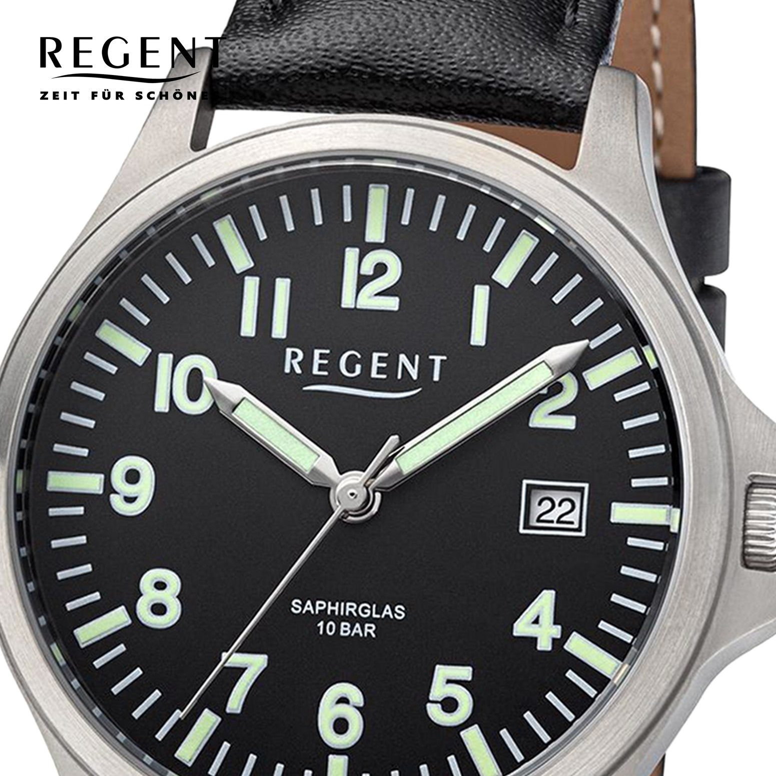 Regent Quarzuhr Regent Herren Armbanduhr Analog, Herren Armbanduhr rund,  extra groß (ca. 36mm), Lederarmband, Saphirglas