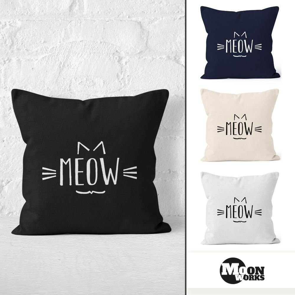 MoonWorks Dekokissen Kissenbezug Meow Miau Cat Katze weiß Moonworks 40x40 Dekokissen Baumwolle Kissenhülle