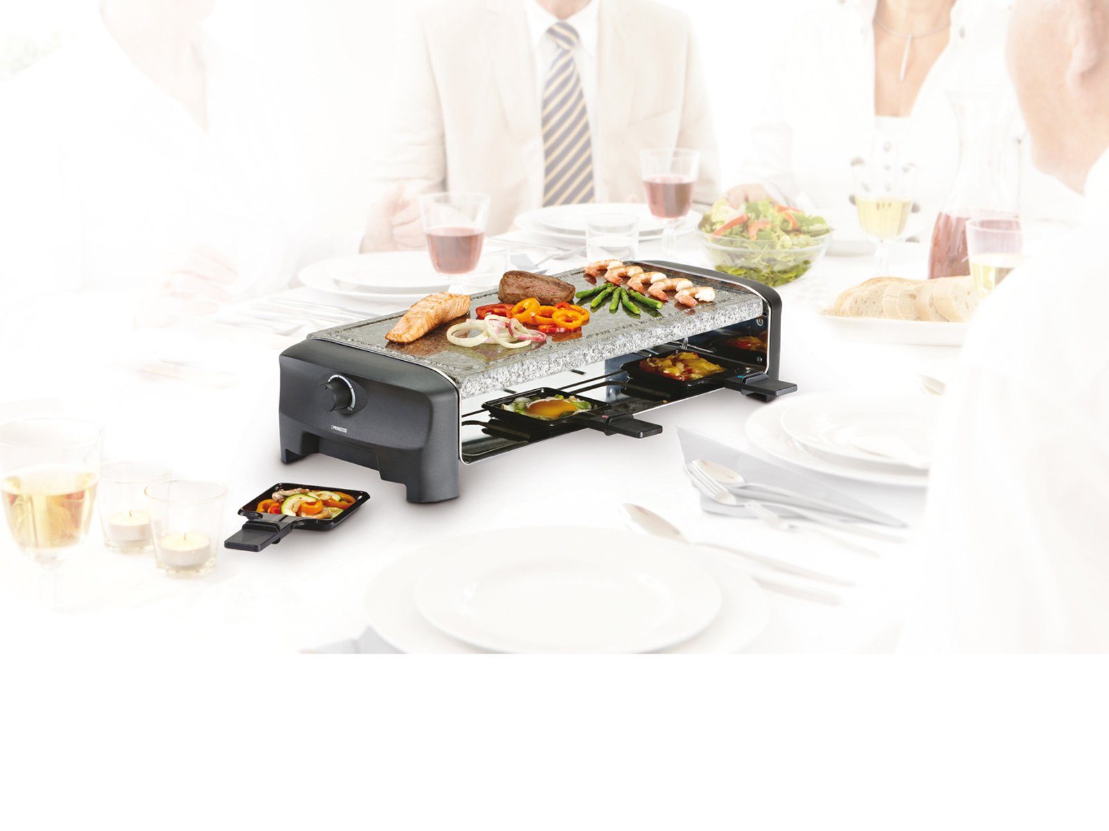 PRINCESS Raclette, 8 Raclettepfännchen, 1300 W, Stonegrillparty großer Tischgrill 8 Personen Gerät heißer Stein-Platte