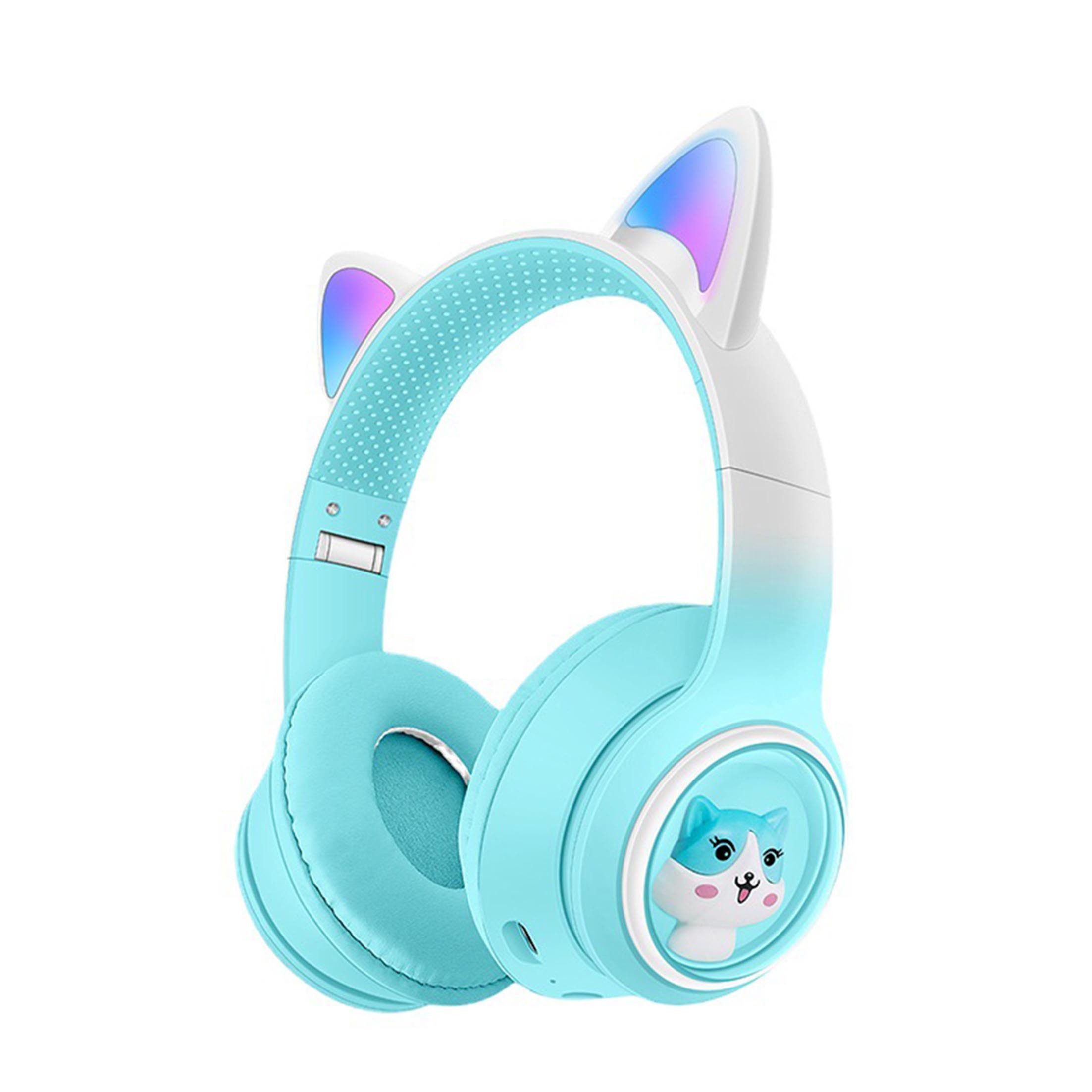 KINSI Over-Ear-Kopfhörer, kabellose Kopfhörer, leuchtende Katzenohren Kinder-Kopfhörer (bluetooth, Drahtloses Bluetooth, Farbige LEDs, eingebautes Mikrofon, FM)