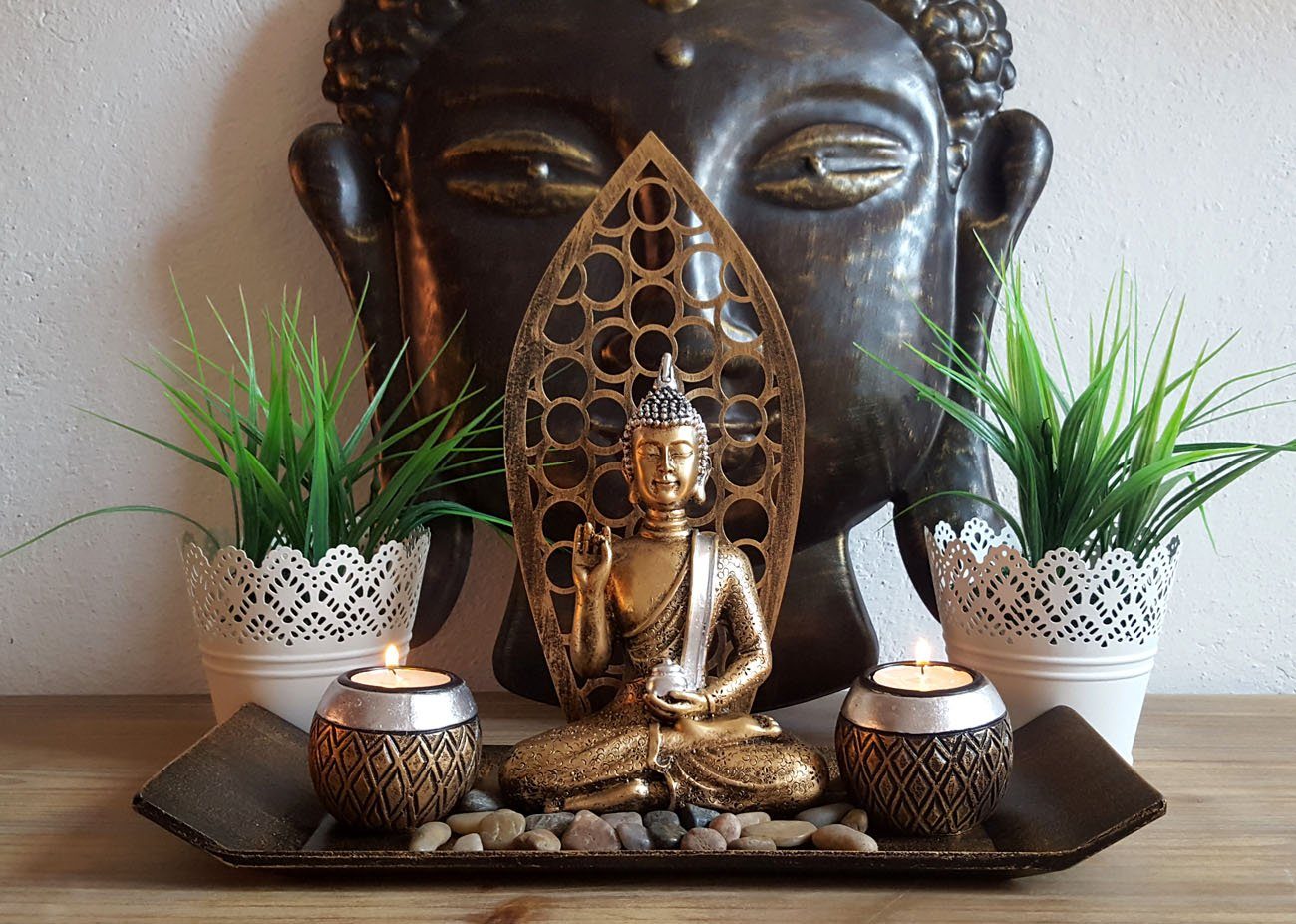 LB H&F Lilienburg Dekotablett Dekotablett modern Kerzentablett Windlicht Zen SET Geschenkset Statue Dekoteller Figur Dekotablett Kerzentablett gold Teelichthalter Steinen mit Buddha Deko (Kerzenständer Yoga), Wellness Gold Teelichthalter Garten braun Kerzenhalter