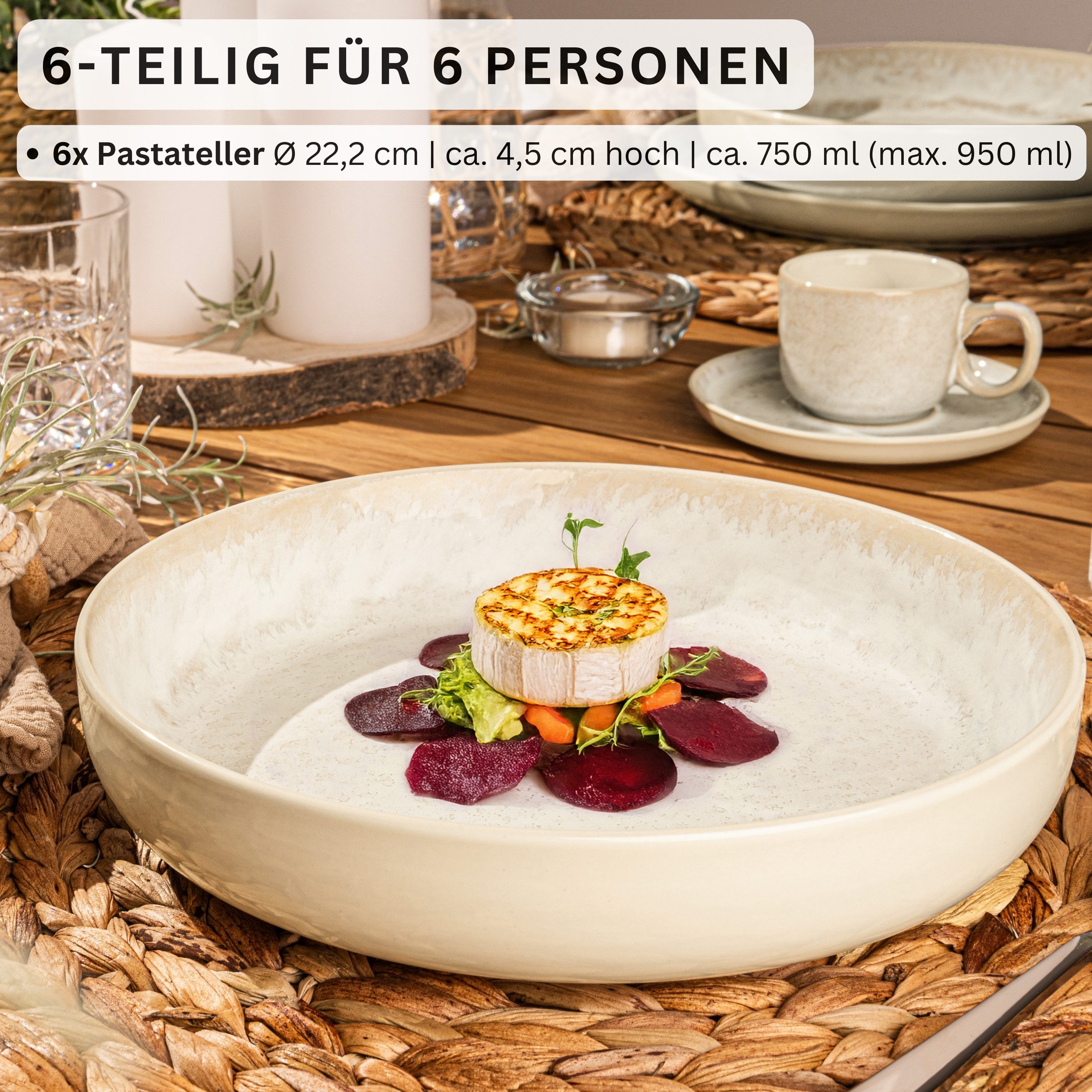 SÄNGER Teller Set Key West, Creme mit sandiger Maserung, (6 St), Pastaschalen Set, 6 Personen, Steingut, Handmade, VALUE COLLECTION