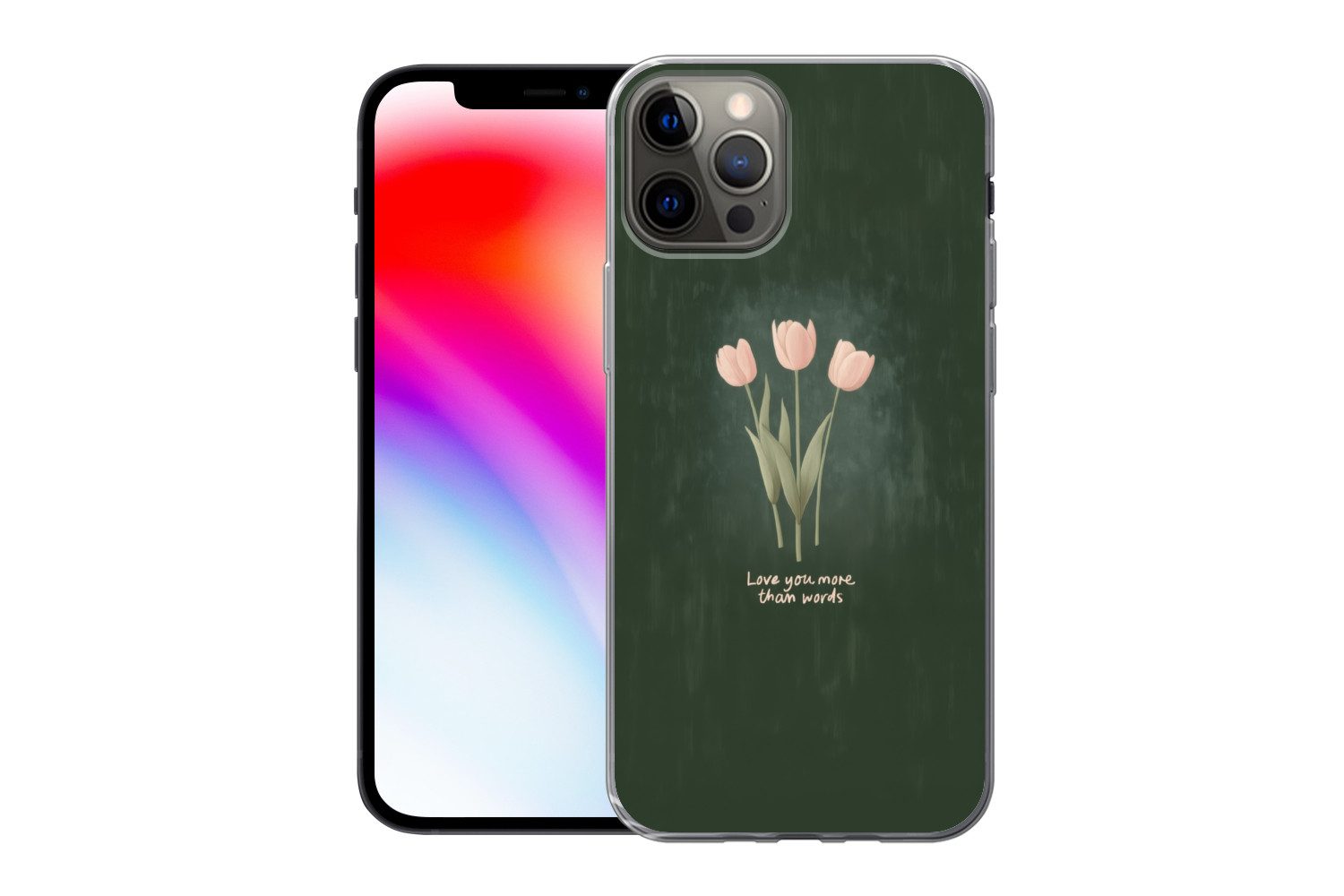 MuchoWow Handyhülle für Apple iPhone 12 Pro Tulpen - Rosa - Text - Liebe, Smartphone-Bumper, Print, Handy Schutzhülle Dünn