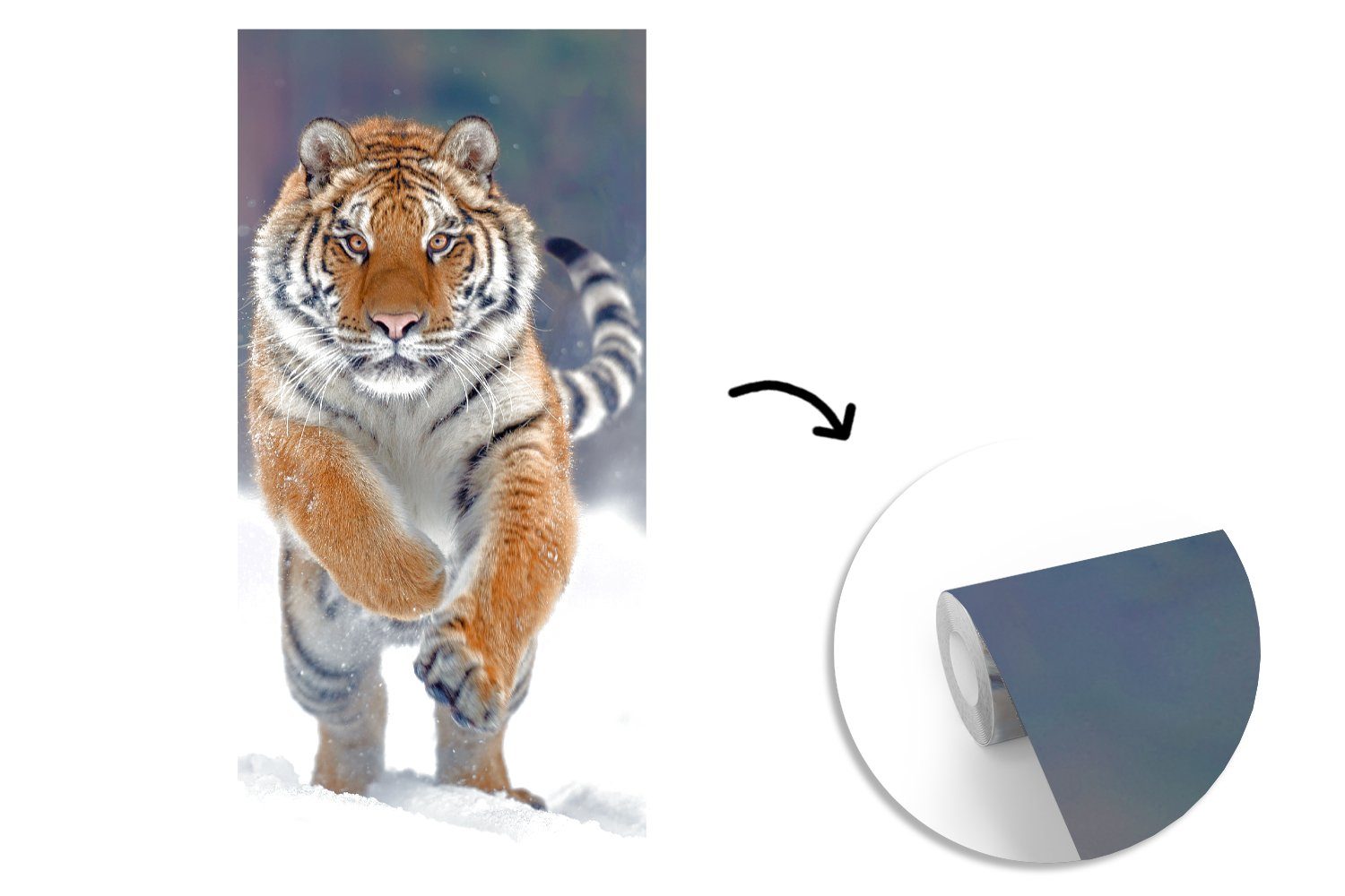 St), Tiere, Tiger Fototapete Schnee bedruckt, (2 - - für Landschaft MuchoWow Fototapete Wohnzimmer Vliestapete - Schlafzimmer Küche, Matt,