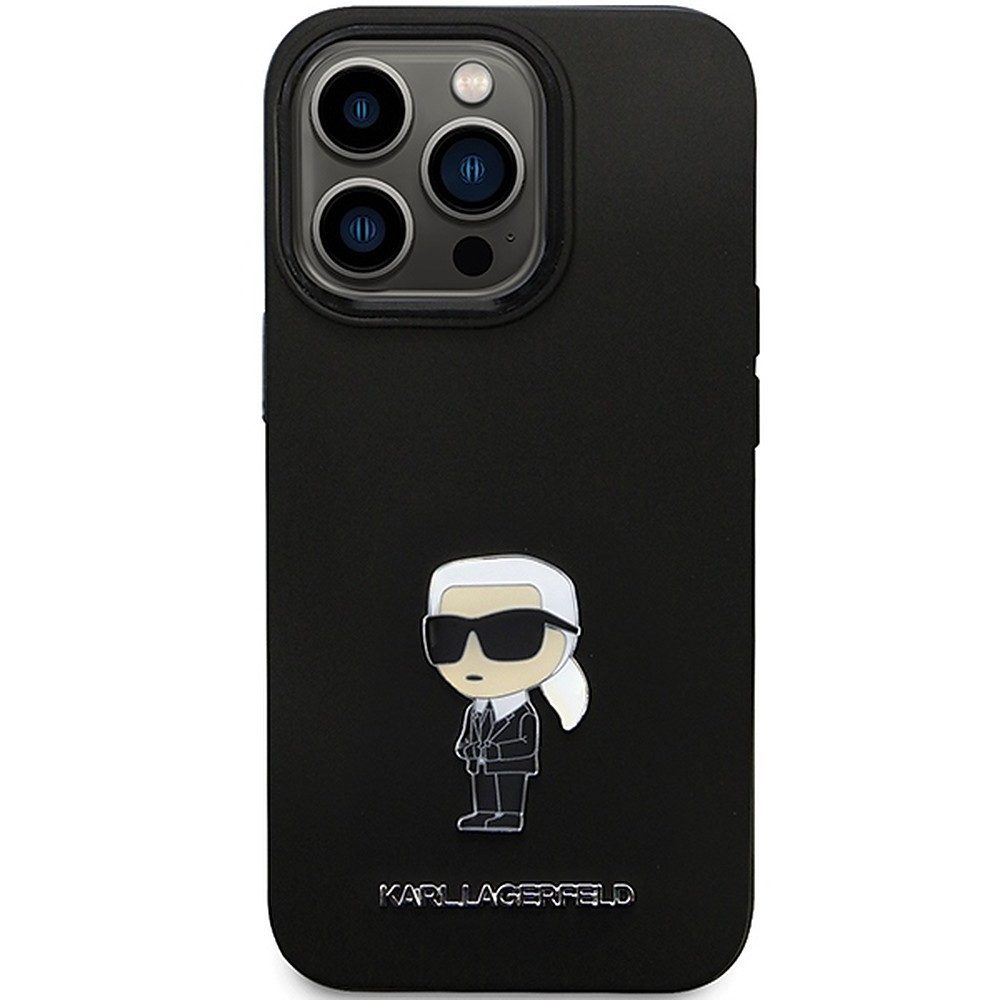 KARL LAGERFELD Handyhülle Schutzhülle Handyschale Rückseitenschutz 6,7 Zoll, Ikonik Metall-Pin, erhöhte Kanten, Silikon