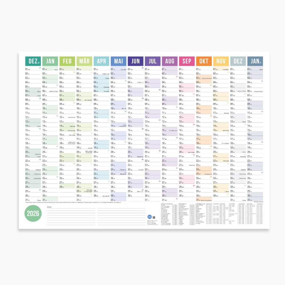 heaven+paper Jahresplaner A1 Wandplaner 2026 Rainbow Querformat, hochwertig verarbeitet & modern, Hergestellt in Deutschland