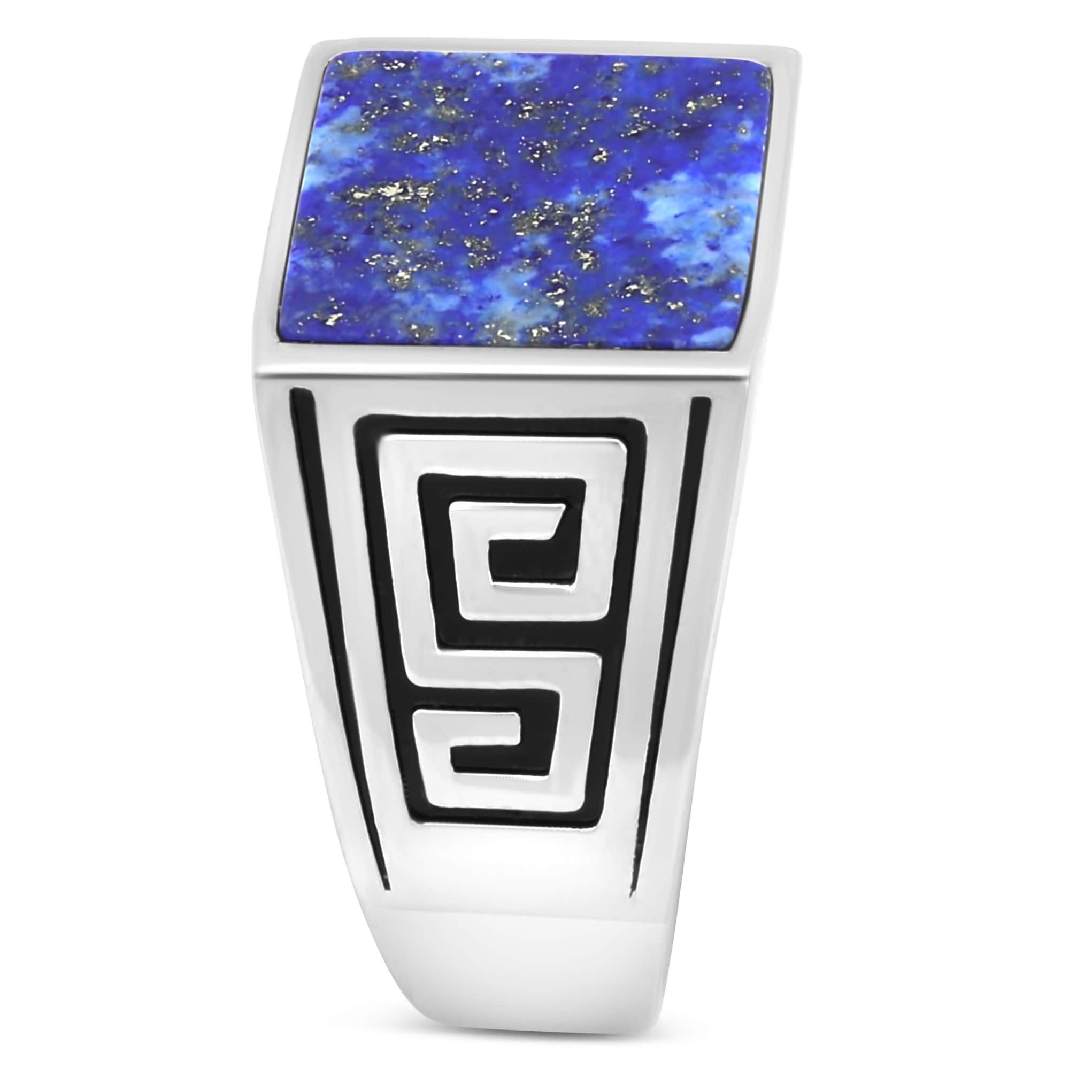 Tony Fein Siegelring Lapislazuli Griechisches Muster Massiv 925 Sterling Silber, Silberring Rhodiniert Made in Italy für Herren
