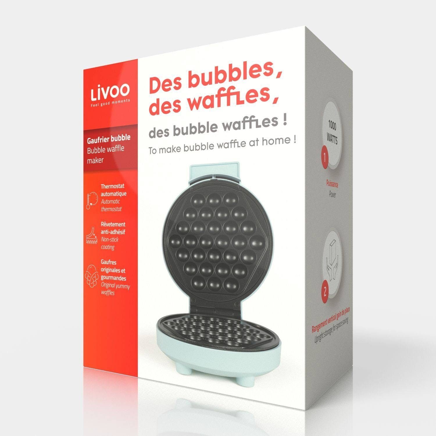 Hong für Waffel, 1000 W Waffeleisen DOP 233 Kong Bubbel-Waffeleisen LIVOO