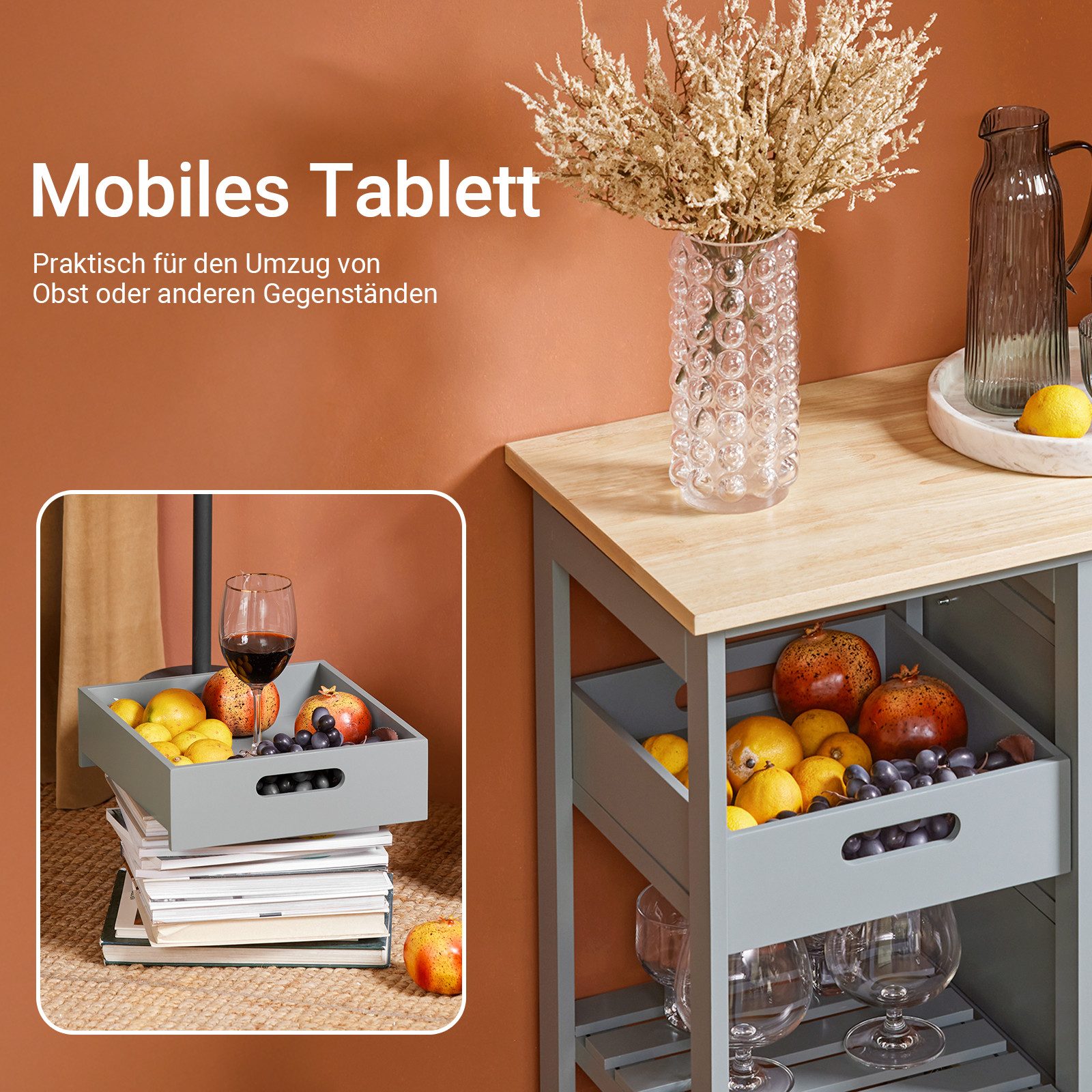 SoBuy Küchenwagen FKW79, Beistellwagen, Ordnungswagen, mit abnehmbarem Tablett, Servierwagen mit 2 abnehmbaren Ablagen Rollwagen, mit 1 Tablett, Küche