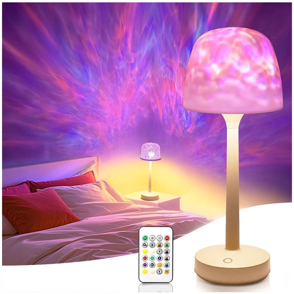 QUBEBU Projektionslampe LED-Sternenhimmel Wasserwellen Galaxie Projektor Nachttischlampe, LED fest integriert, 1x LED-Tischlampe; 1x Fernbedienung; 1x Typ-C-Ladekabel; 1x Handbuch, Der integrierte Akku bietet eine Laufzeit von 5 bis über 10 Stunden.