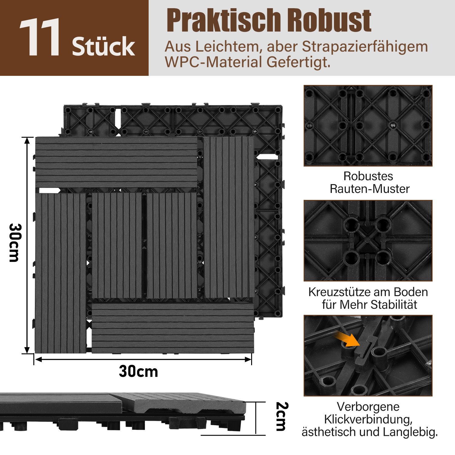 Clanmacy Holzfliesen WPC Klickfliesen Terrassenfliesen Balkonfliesen günstig online kaufen