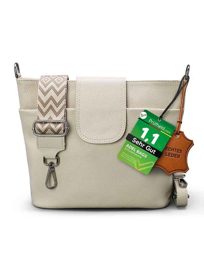 Adel Bags Schultertasche SARA Umhängetasche Damen Beige aus Echtleder Crossbody (Test SEHR GUT, Note 1.1), 20 Farboptionen, Hergestellt in Italien, mit 2 Riemen
