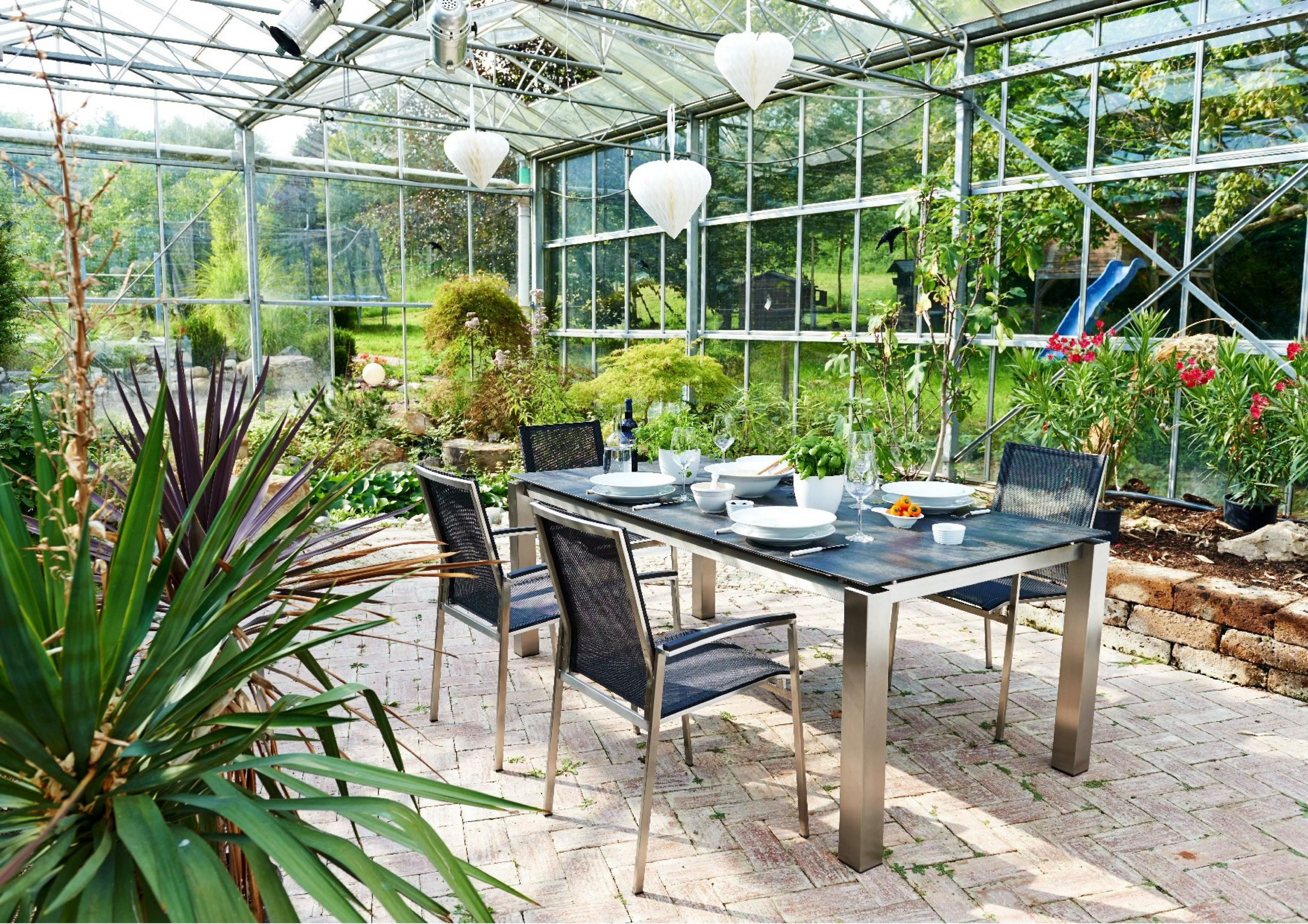 acamp Garten-Essgruppe Stapelsessel Set 5-teilig, Keramiktisch 200x100 cm, Edelstahl, (Spar-Set, 5-tlg., Gartenmöbel Set), Edelstahl rostfrei, wetterfest, stapelbar, Keramik, Polywood