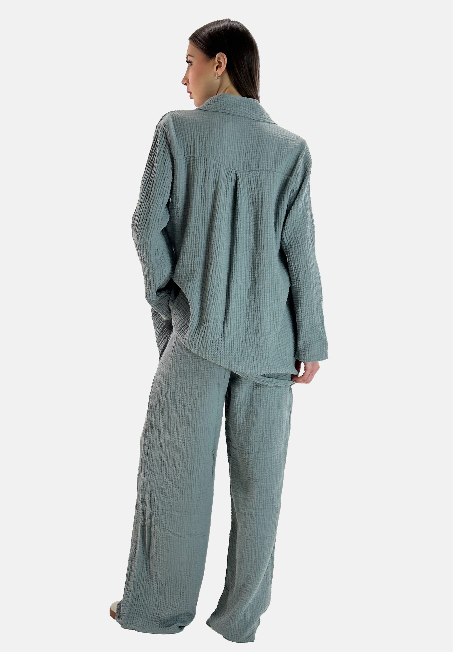 Elara Anzug Damen Zweiteiler aus Musselin mit Oversize-Hemd und weiter Hose (Set, Set)